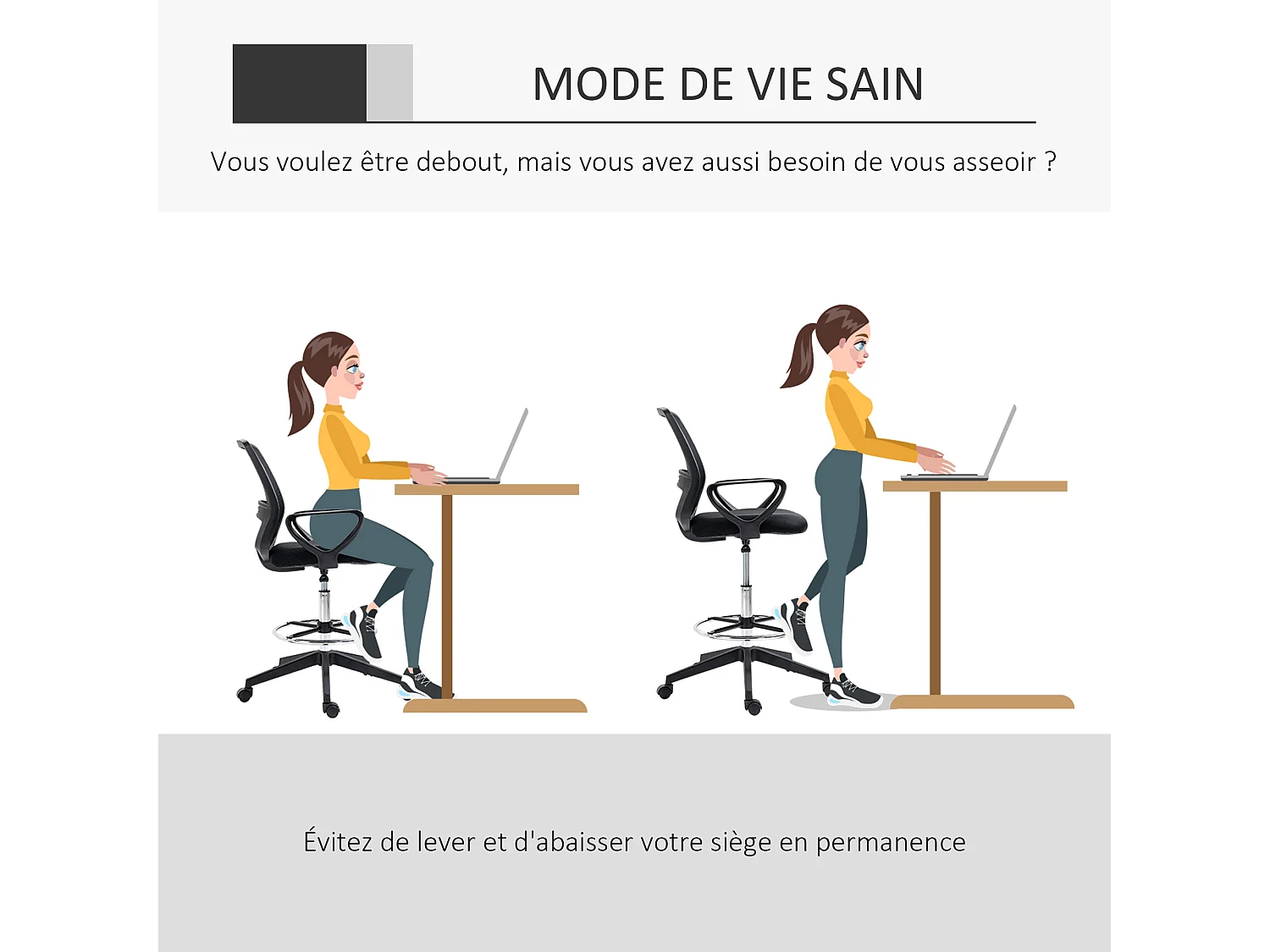 Chaise de bureau assise haute réglable dim. 59L x 60l x 102-126H cm pivotant 360° tissu maille respirante noir