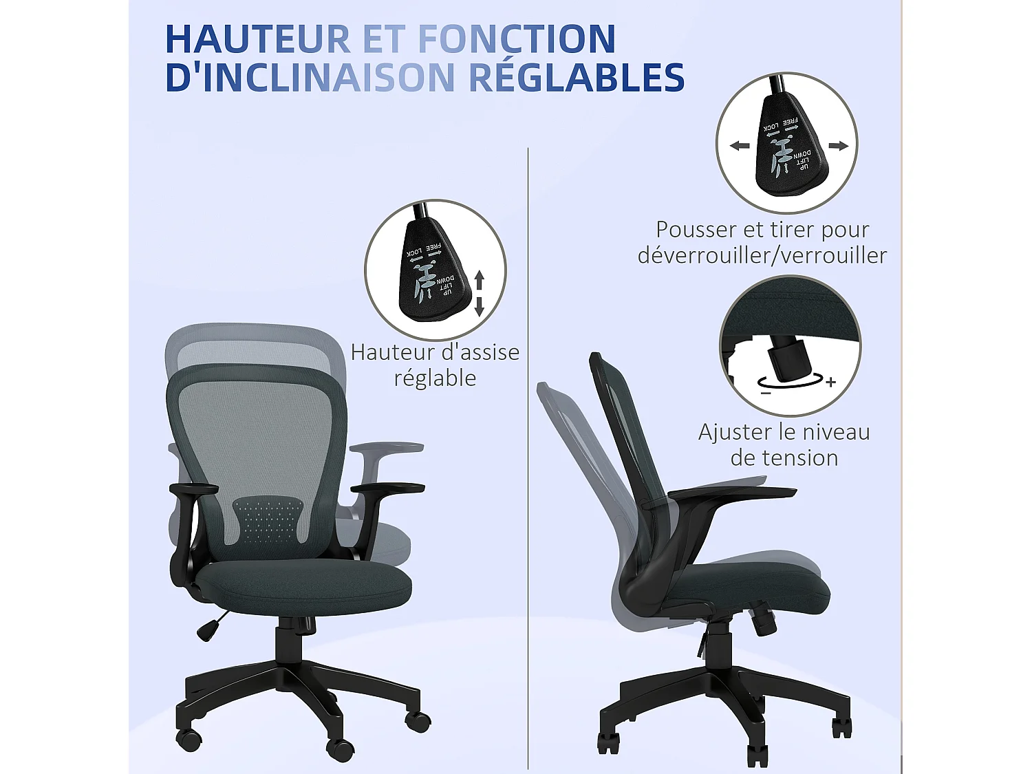 Chaise de bureau ergonomique - soutien lombaire, hauteur réglable, pivotante - noir anthracite