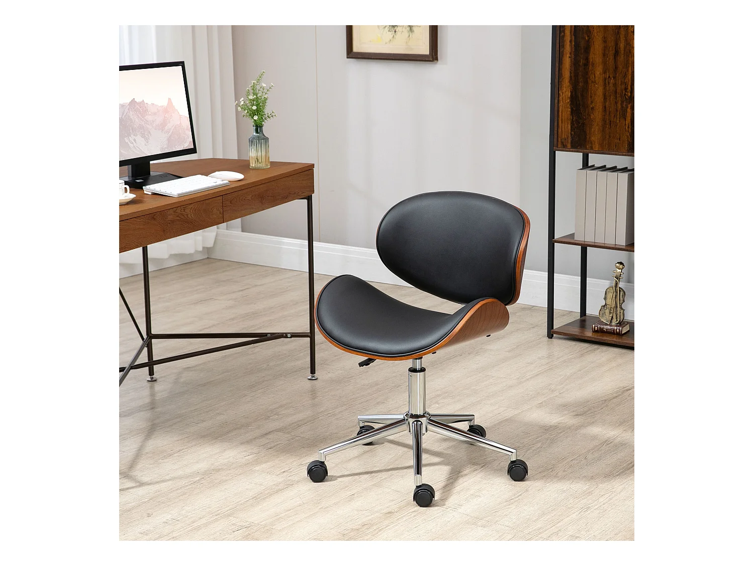 Chaise de bureau manager design vintage pivotante réglable bois peuplier acier chromé synthétique noir