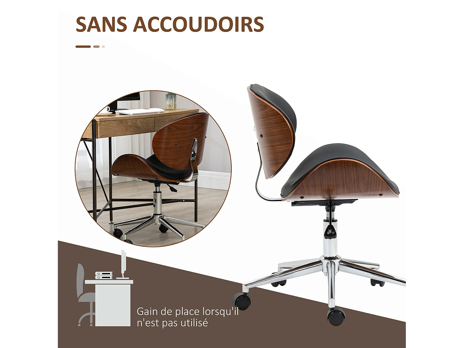 Chaise de bureau manager design vintage pivotante réglable bois peuplier acier chromé synthétique noir