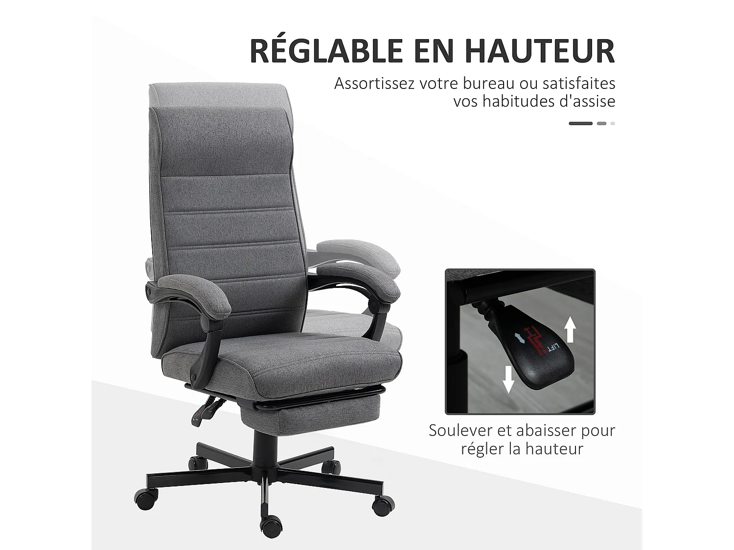 Chaise de bureau manager ergonomique inclinable réglable repose-pied rétractable tissu gris