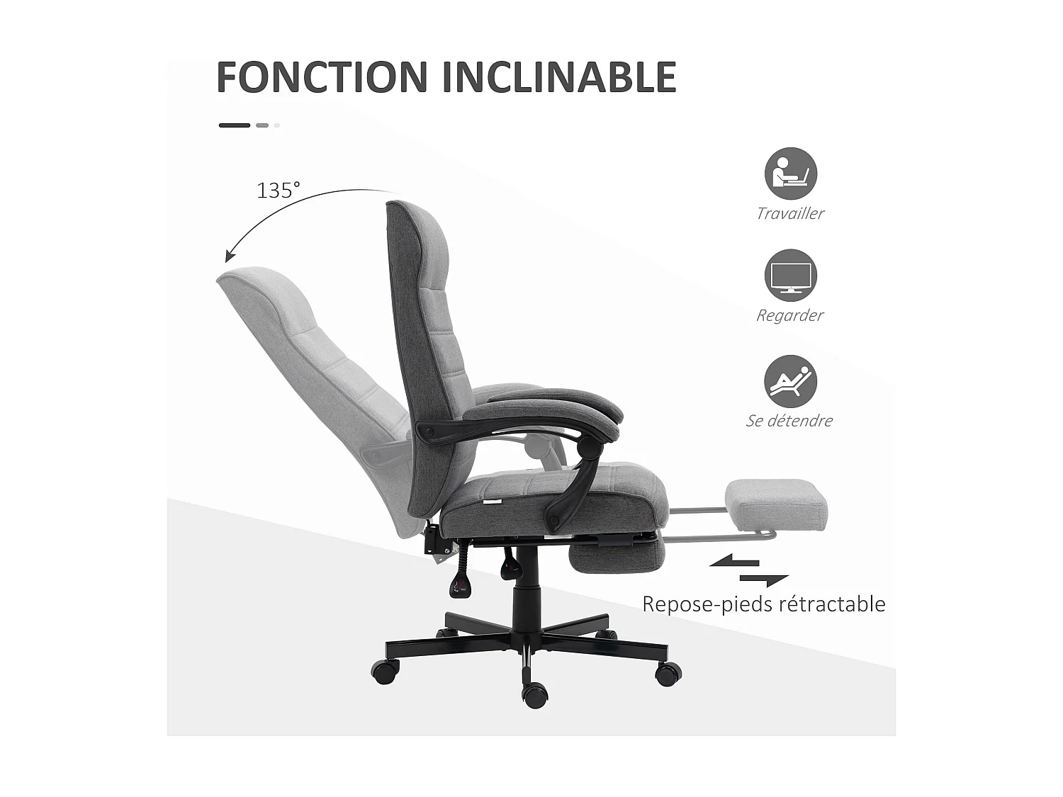 Chaise de bureau manager ergonomique inclinable réglable repose-pied rétractable tissu gris