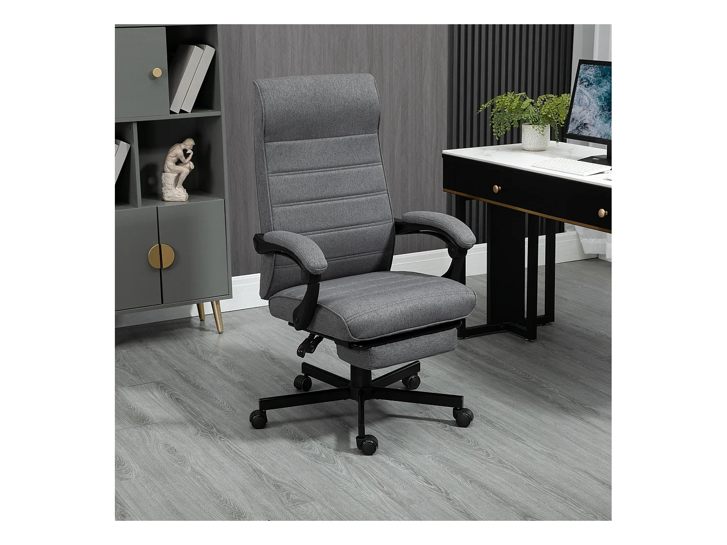 Chaise de bureau manager ergonomique inclinable réglable repose-pied rétractable tissu gris
