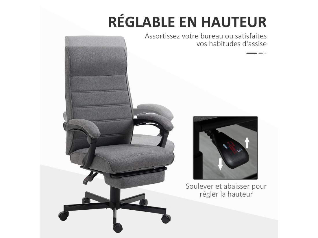 vente unique Chaise de bureau manager ergonomique inclinable réglable repose-pied rétractable tissu gris