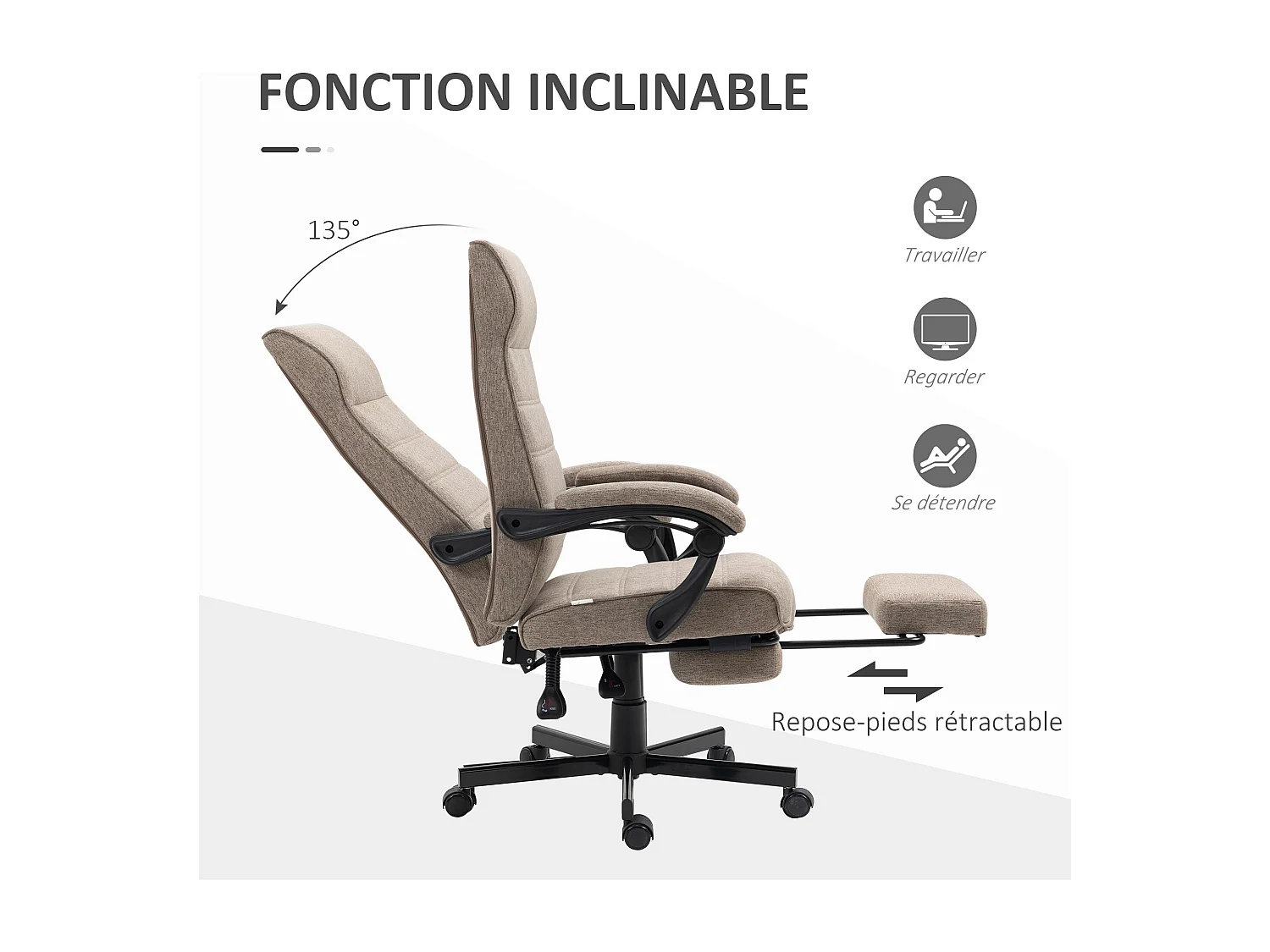 Chaise de bureau manager ergonomique inclinable réglable repose-pied rétractable tissu marron