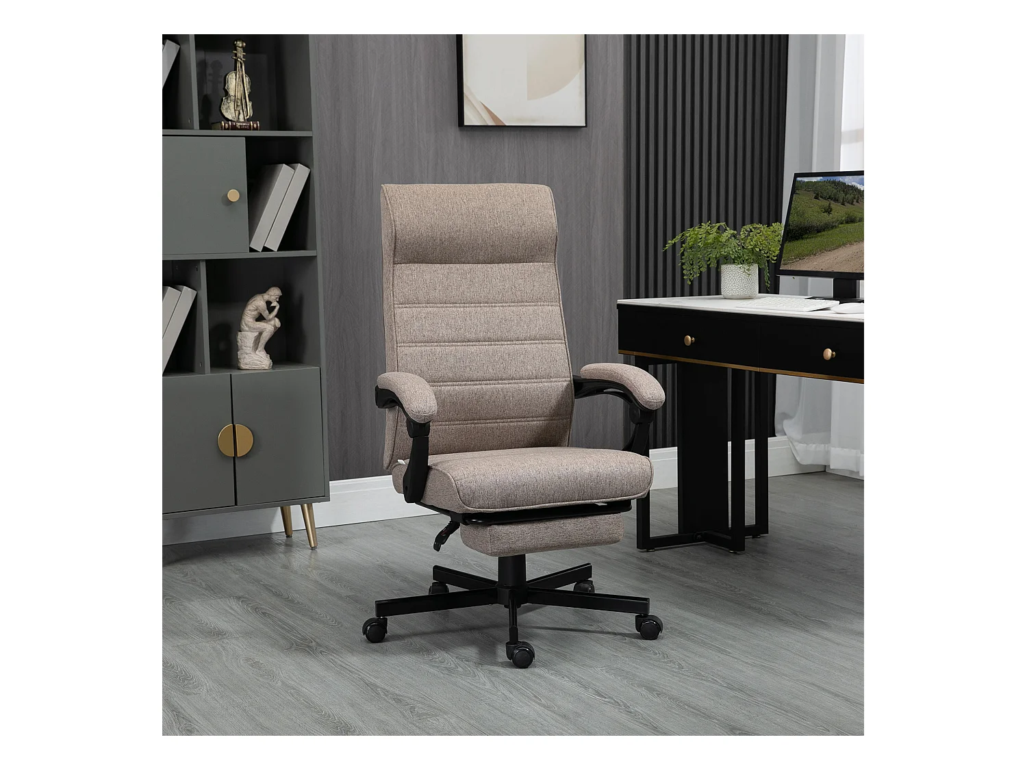 Chaise de bureau manager ergonomique inclinable réglable repose-pied rétractable tissu marron