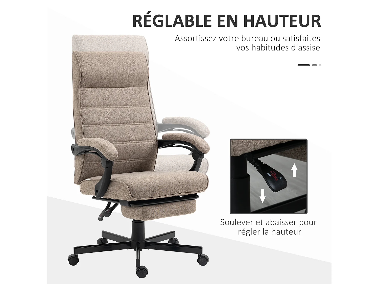 Chaise de bureau manager ergonomique inclinable réglable repose-pied rétractable tissu marron