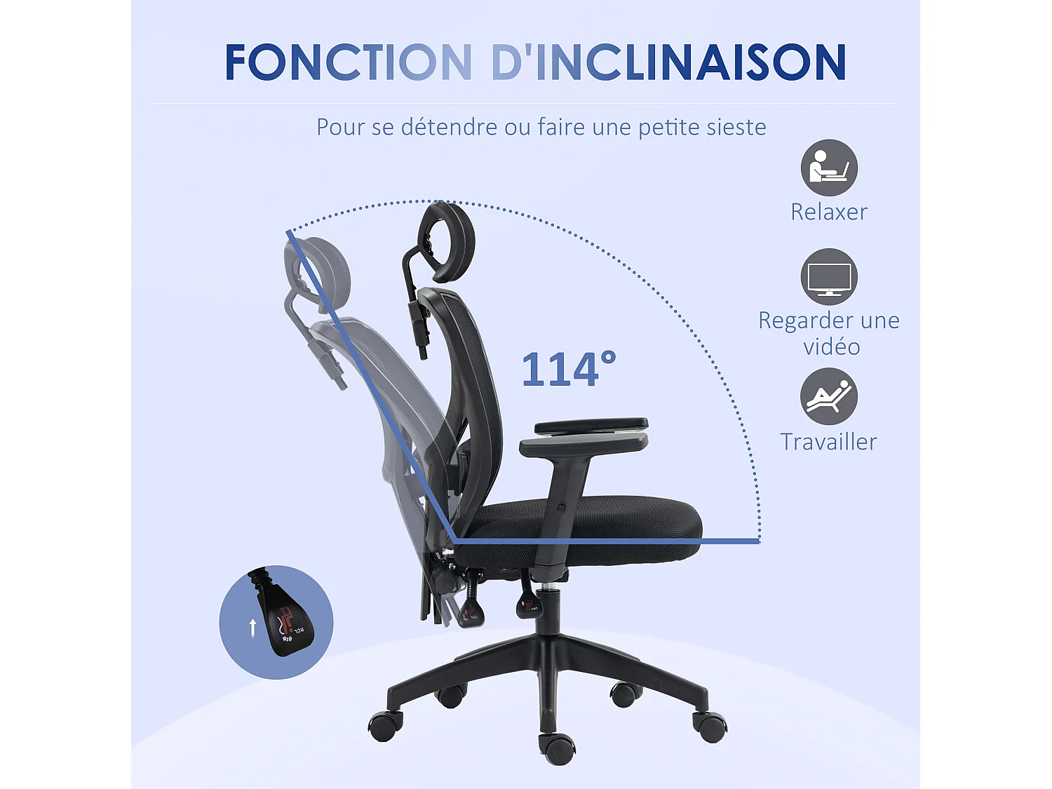 Fauteuil de bureau manager grand confort réglable dossier ergonomique inclinable pivotant tissu maille noir
