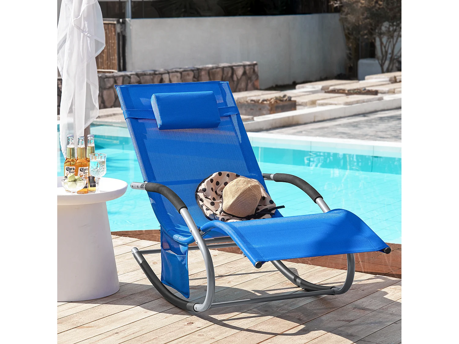 SoBuy Set van 2 ligstoelen, schommelstoelen met hoofdsteun, zijvak en voetsteun, tuinligstoelen, comfortabele schommelstoelen, OGS28-KBx2