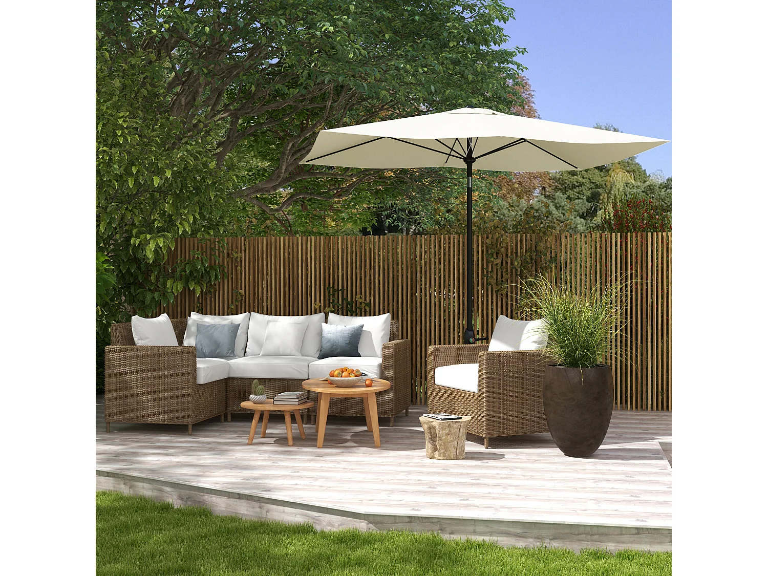 Parasol rectangulaire inclinable de jardin avec manivelle métal polyester haute densité anti UV 50+ crème
