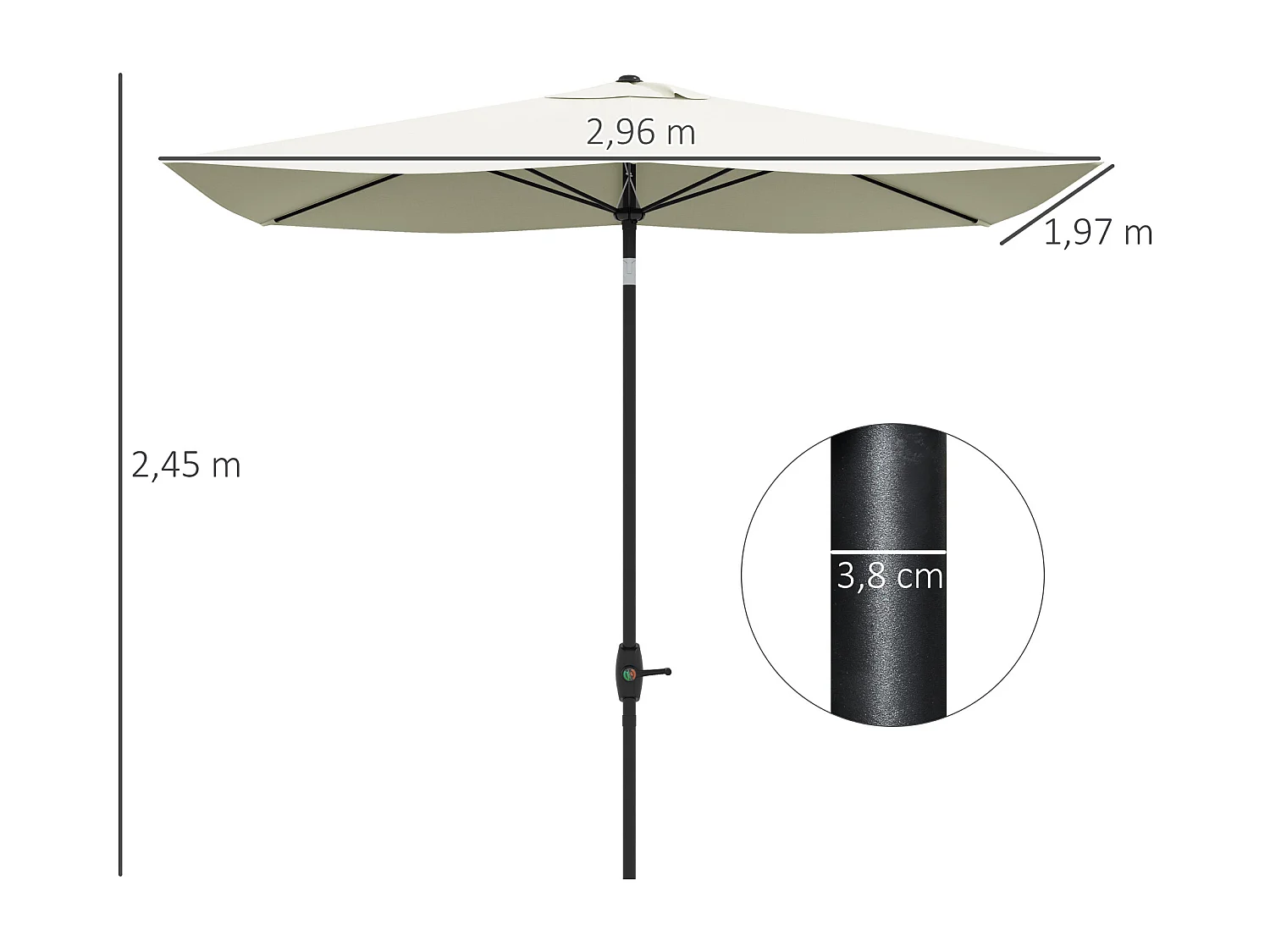 Parasol rectangulaire inclinable de jardin avec manivelle métal polyester haute densité anti UV 50+ crème