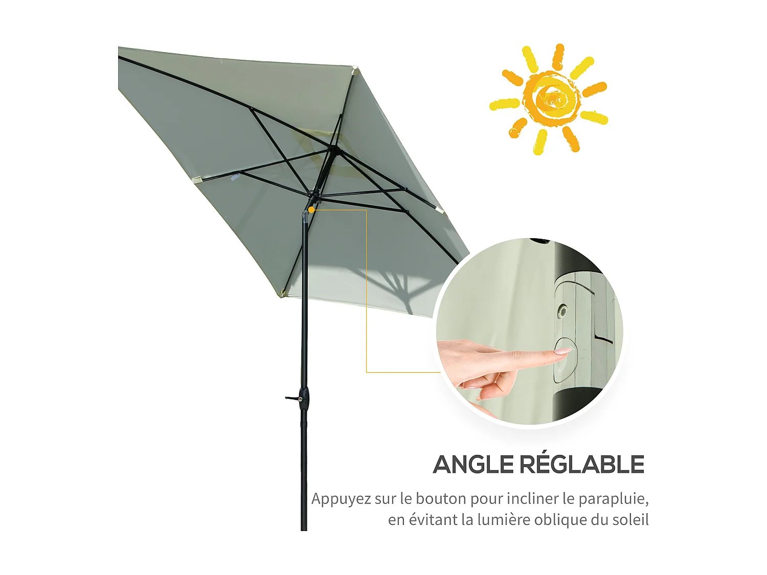 Parasol rectangulaire inclinable de jardin avec manivelle métal polyester haute densité anti UV 50+ crème