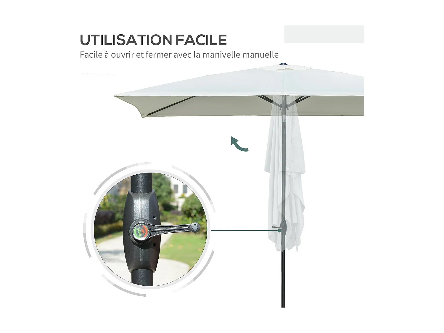 Parasol rectangulaire inclinable de jardin avec manivelle métal polyester haute densité anti UV 50+ crème