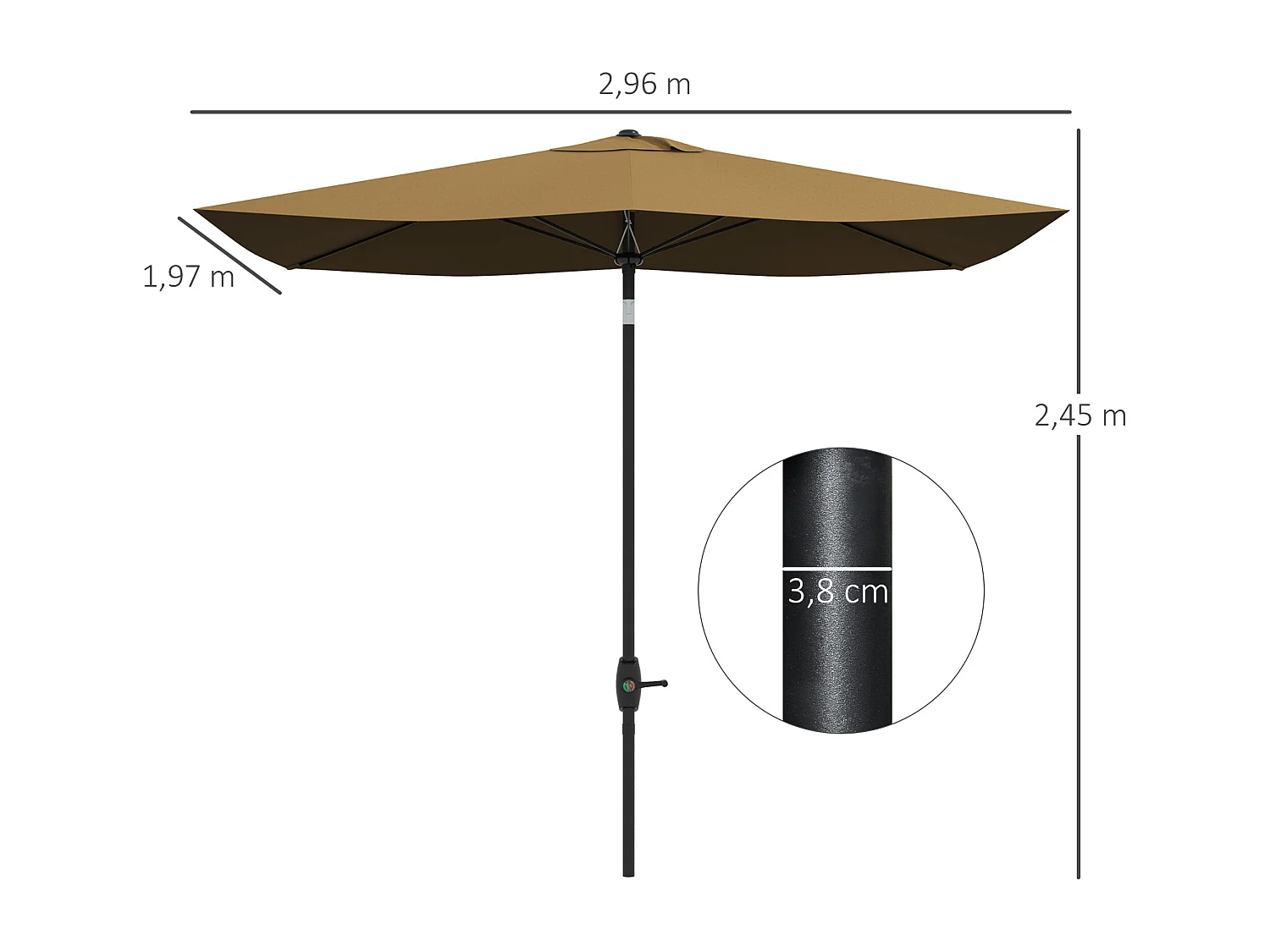 Parasol rectangulaire inclinable de jardin avec manivelle métal polyester haute densité anti UV 50+ chocolat