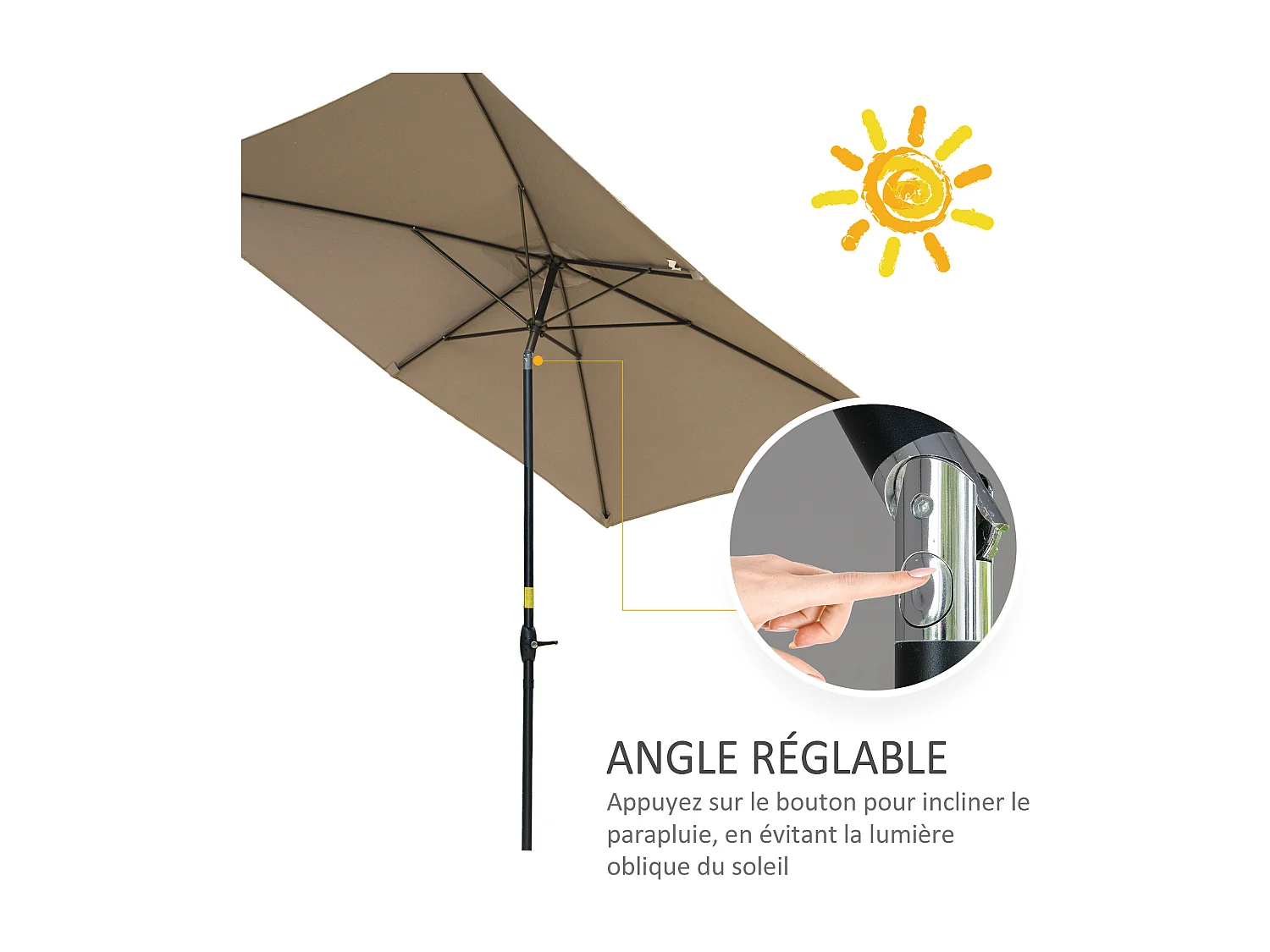 Parasol rectangulaire inclinable de jardin avec manivelle métal polyester haute densité anti UV 50+ chocolat