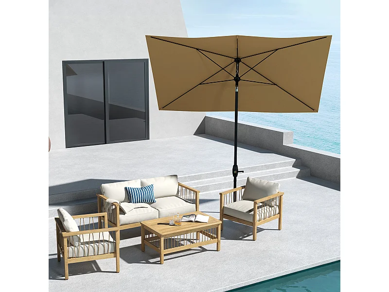 Parasol rectangulaire inclinable de jardin avec manivelle métal polyester haute densité anti UV 50+ chocolat