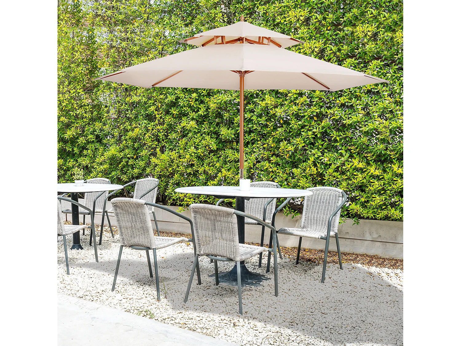 Parasol en bois peuplier droit 2 toits polyester 180 g/m² dia. 2,65 x 2,64H m beige