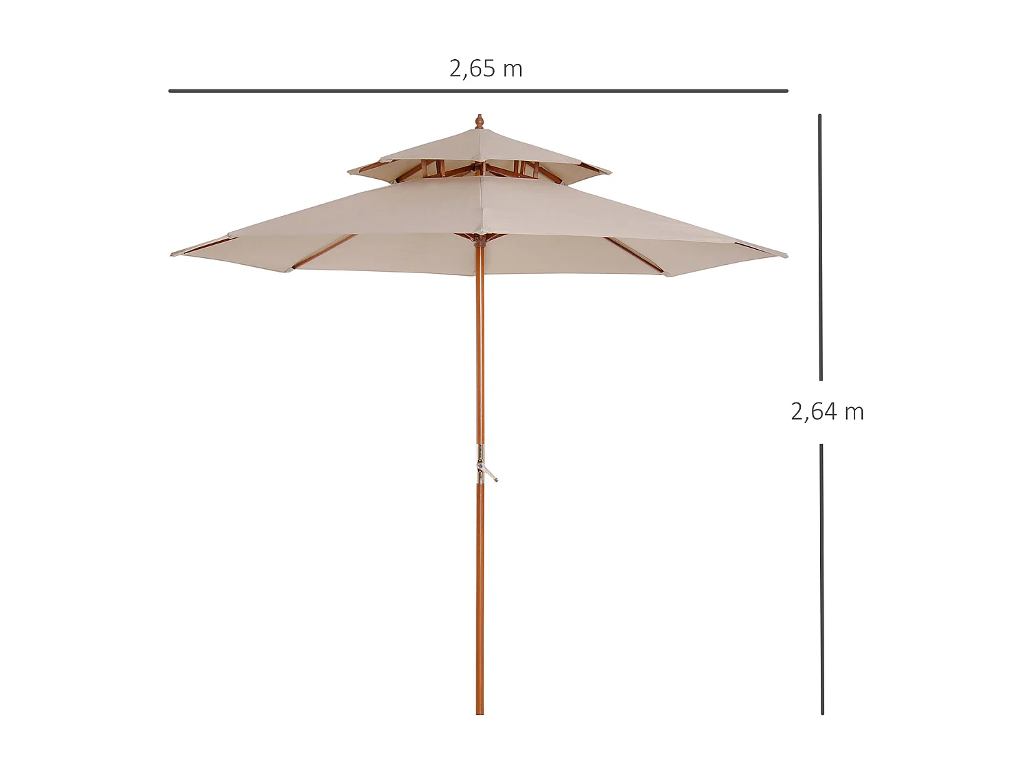Parasol en bois peuplier droit 2 toits polyester 180 g/m² dia. 2,65 x 2,64H m beige