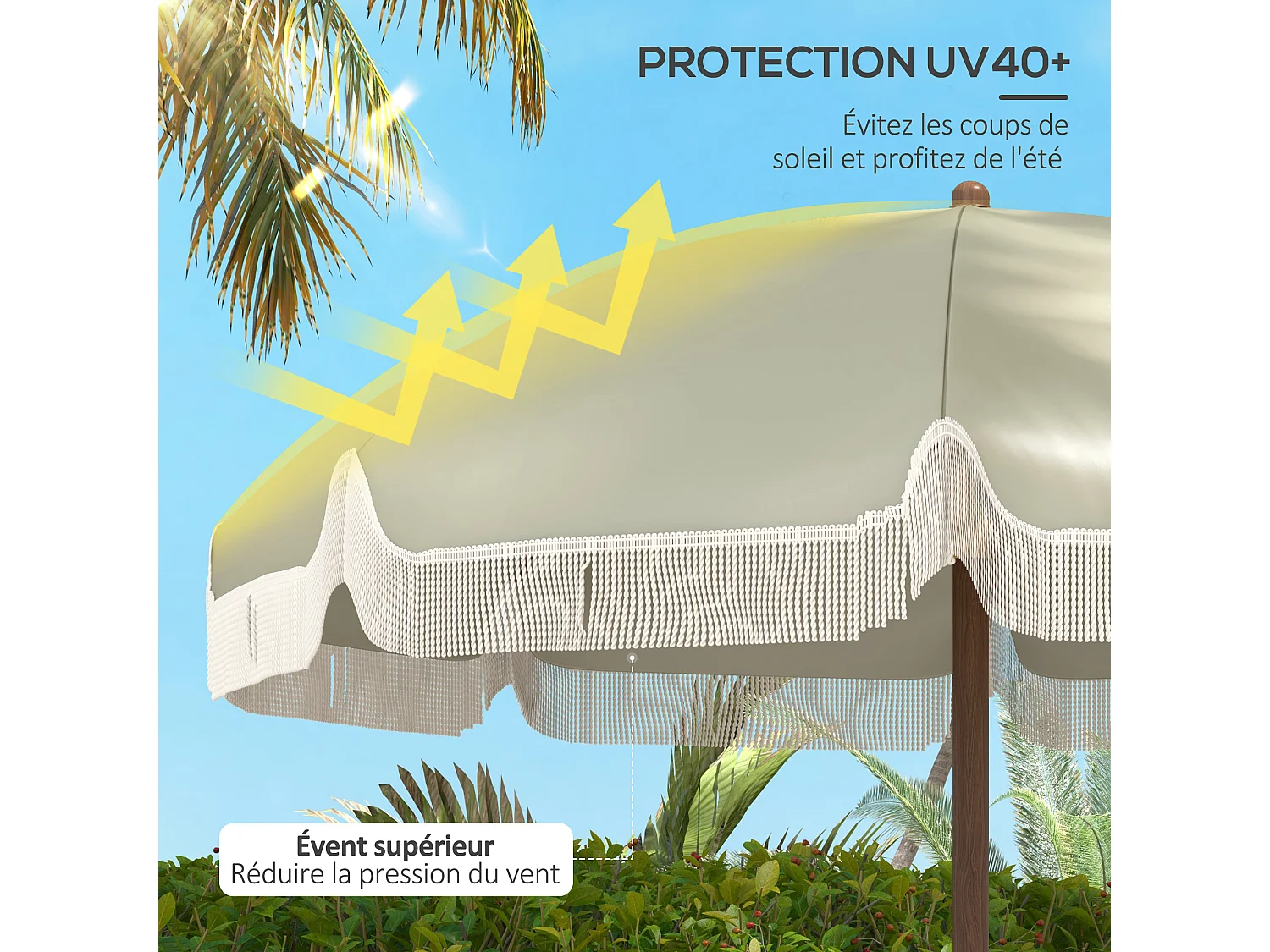 Parasol droit de plage jardin style bohème à franges UV40+ vert
