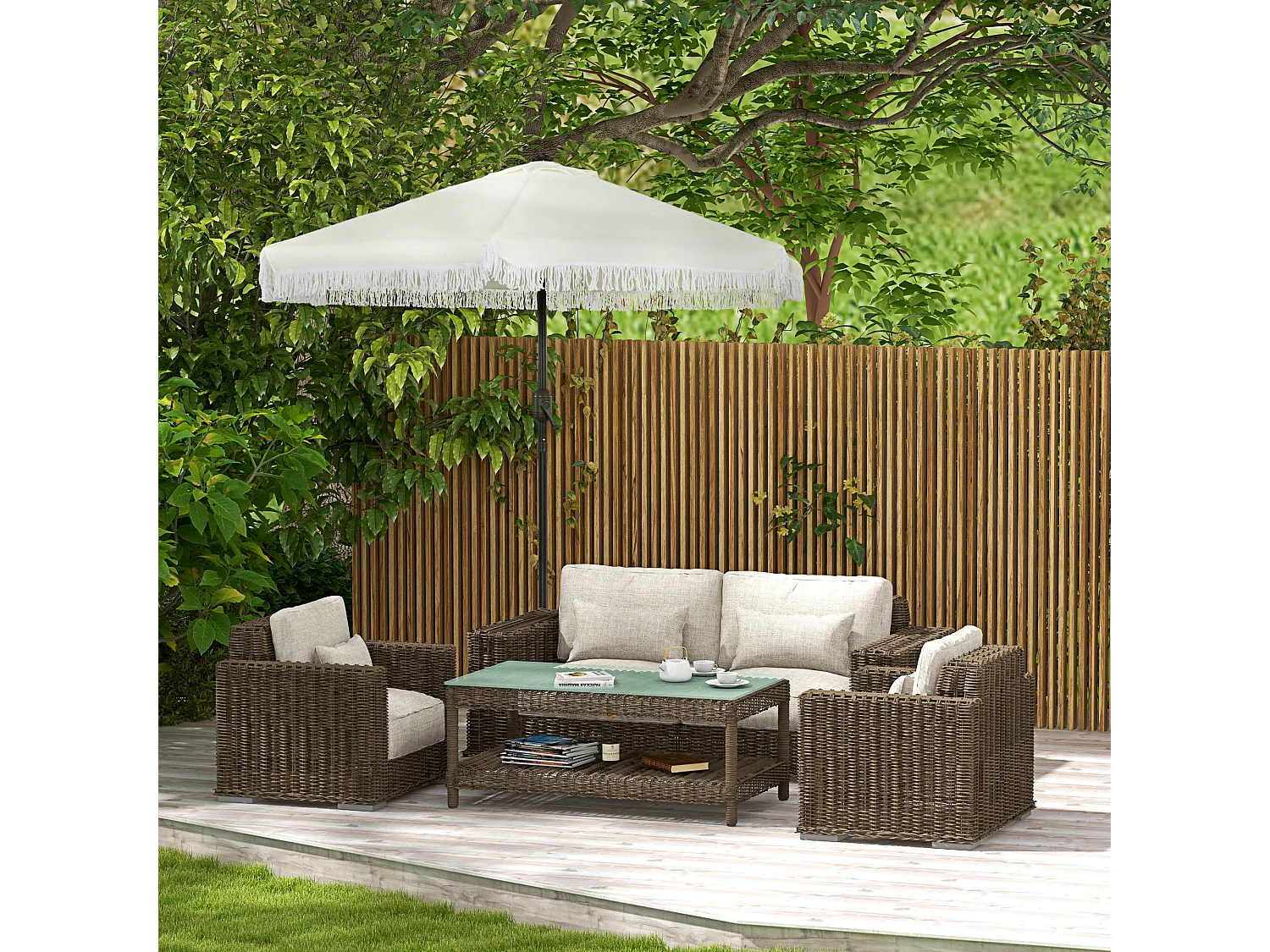 Parasol inclinable de jardin Ø 225 cm style bohème à franges crème