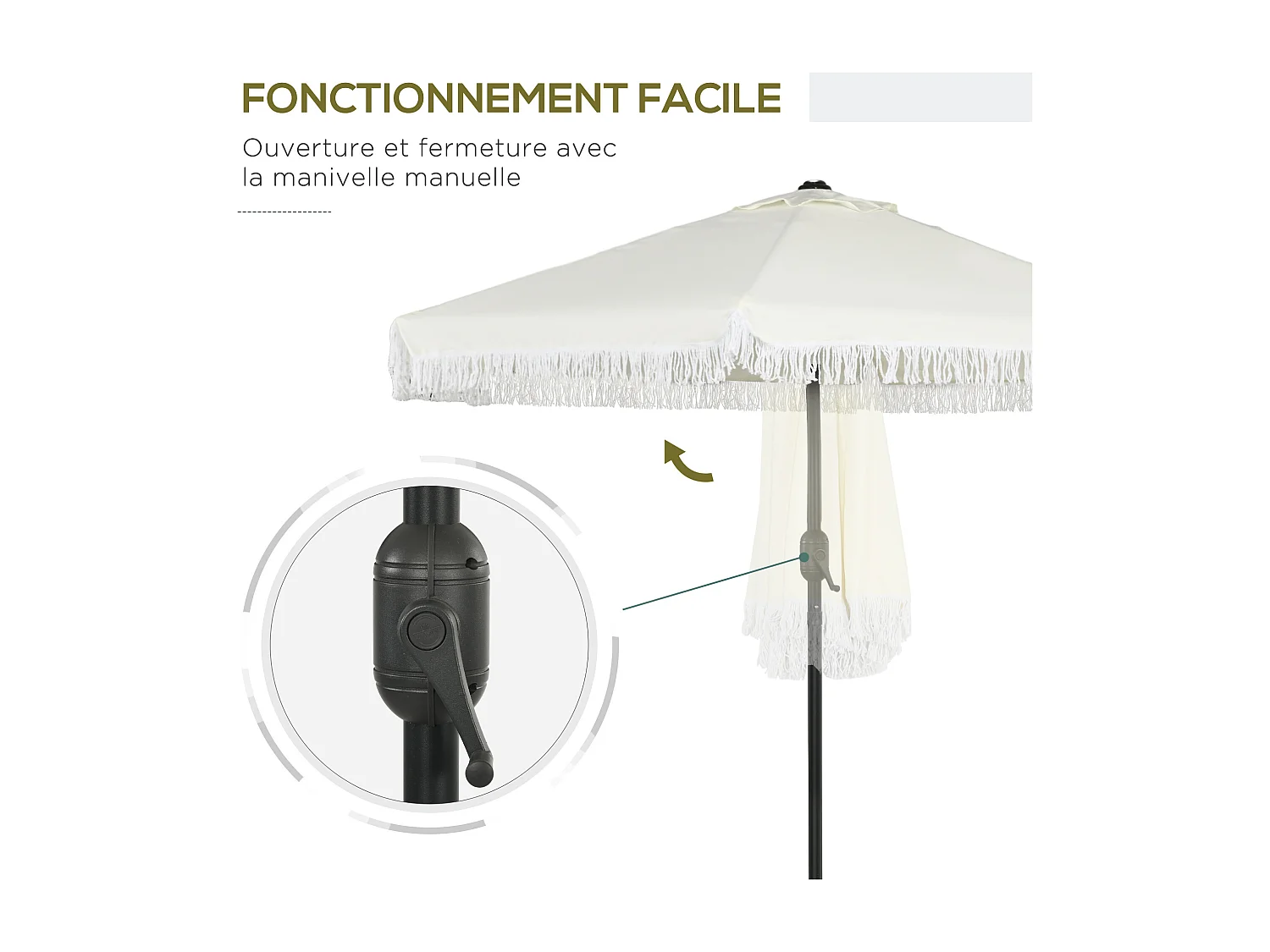 Parasol inclinable de jardin Ø 225 cm style bohème à franges crème