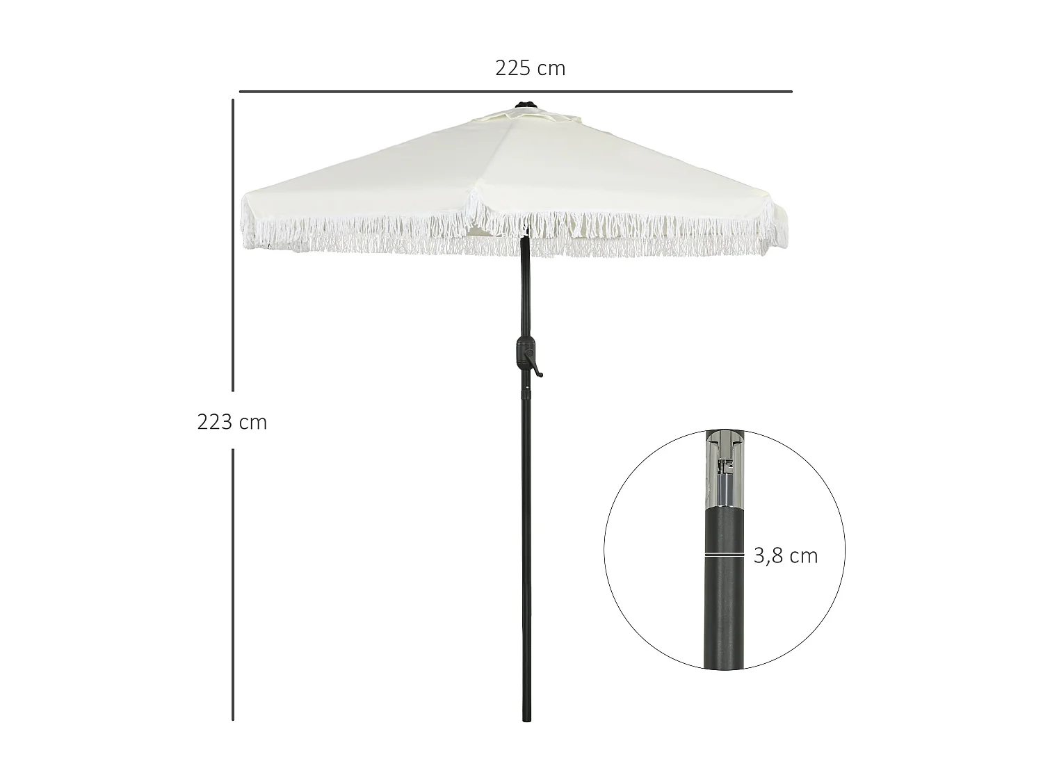 Parasol inclinable de jardin Ø 225 cm style bohème à franges crème