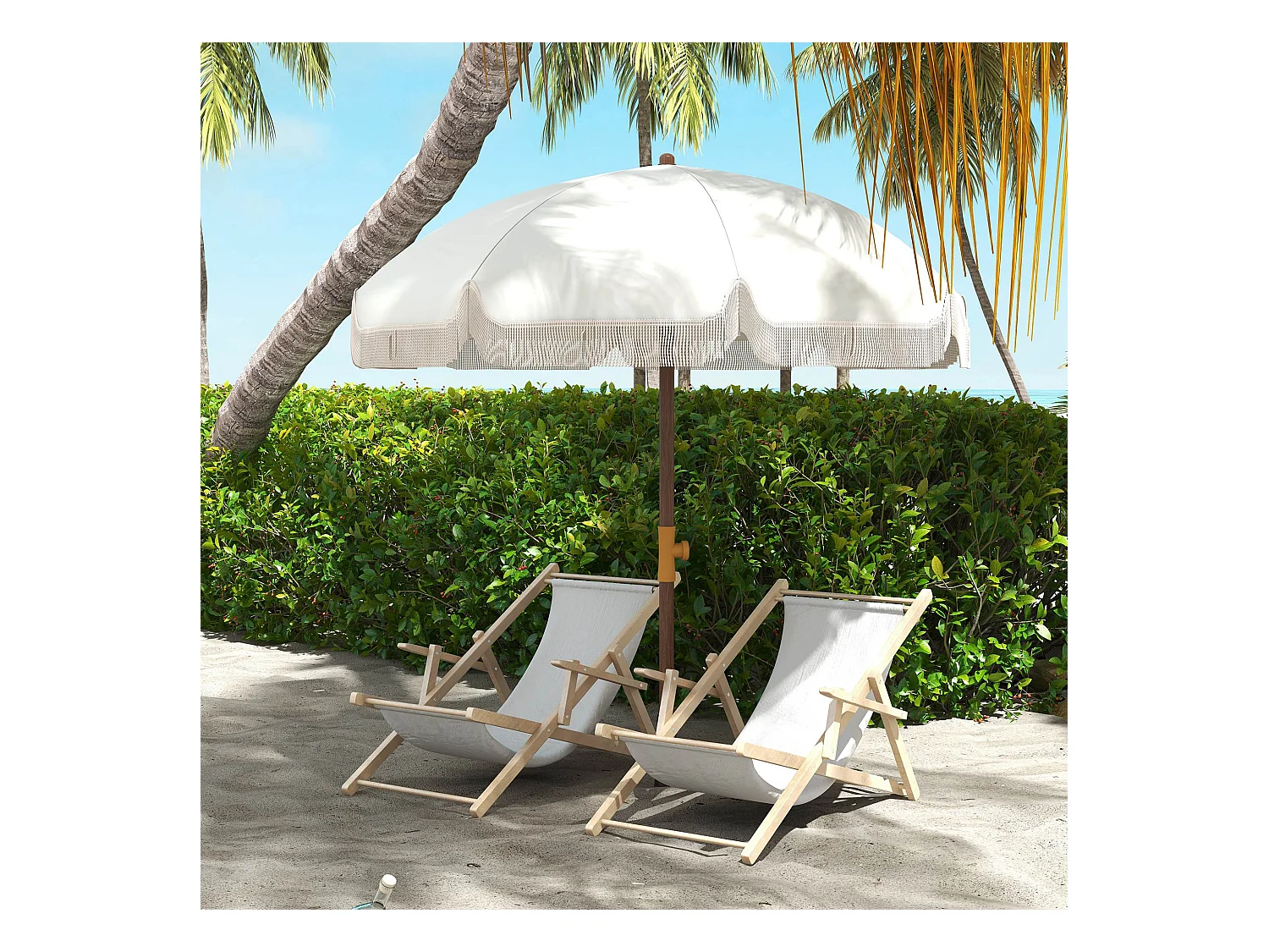 Parasol droit de plage jardin style bohème à franges UV40+ crème