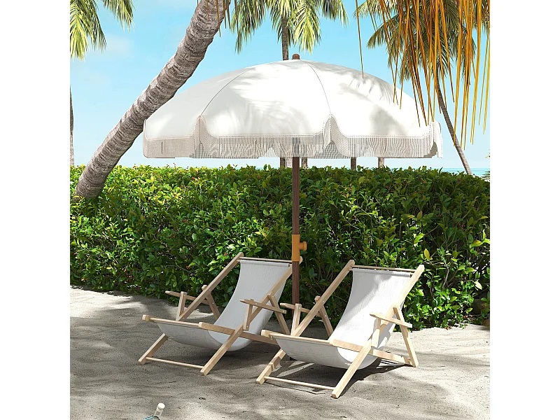 Parasol droit de plage jardin style bohème à franges UV40+ crème
