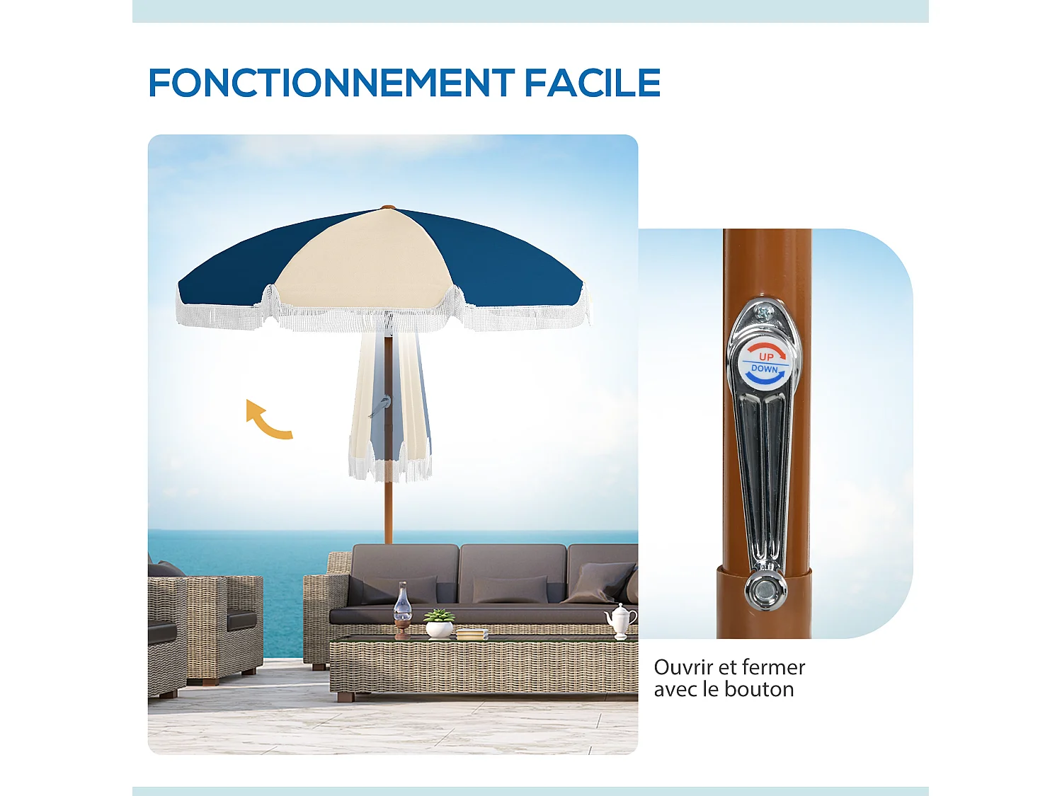 Parasol inclinable de jardin Ø 213 cm style vintage franges bleu beige