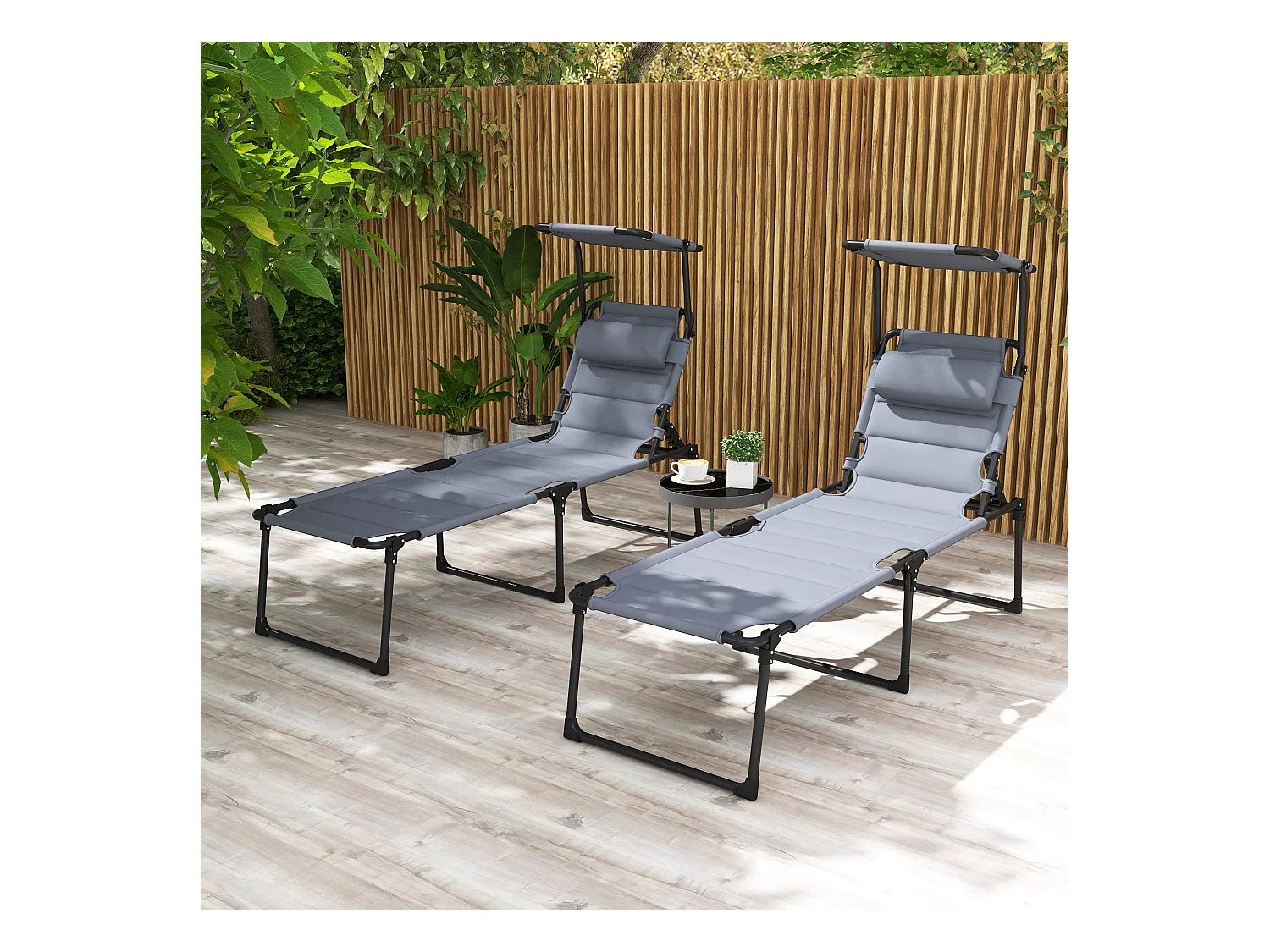 Lot de 2 bains de soleil transats pliables réglables avec pare-soleil gris