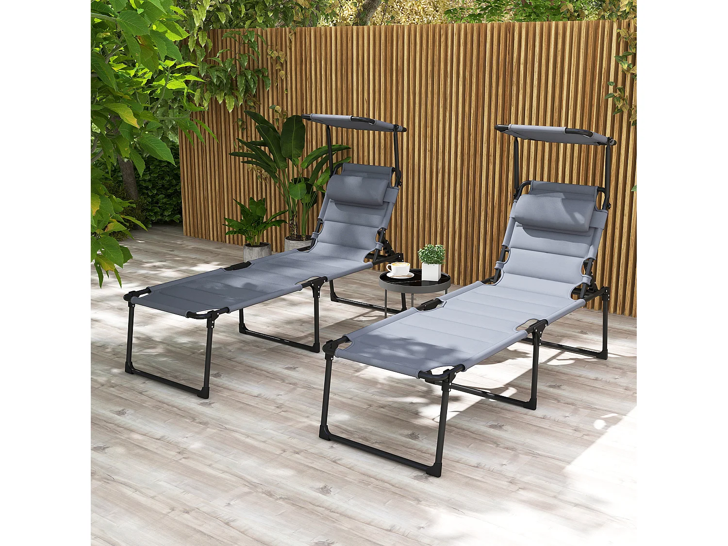 Lot de 2 bains de soleil transats pliables réglables avec pare-soleil gris