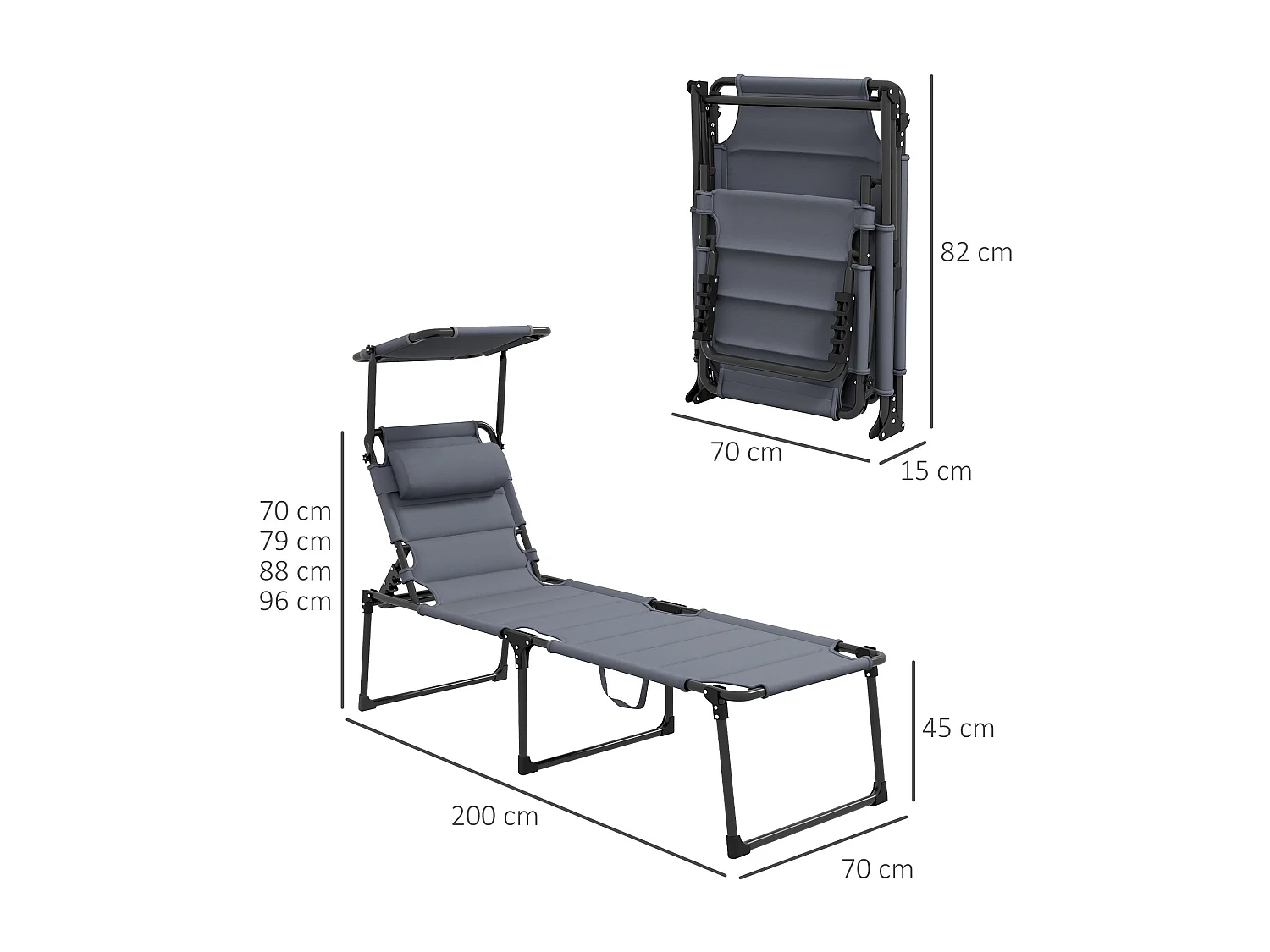 Lot de 2 bains de soleil transats pliables réglables avec pare-soleil gris