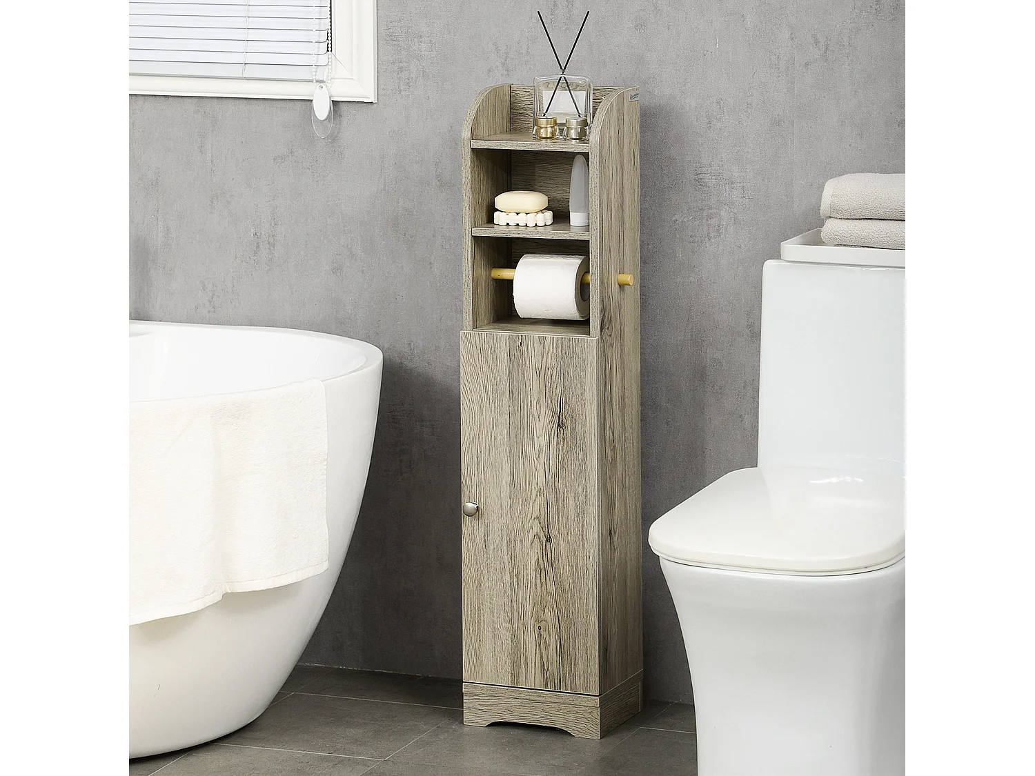 Meuble WC armoire toilette - porte, 2 étagères, niche, support papier - dim. 23L x 18l x 100H cm - gris