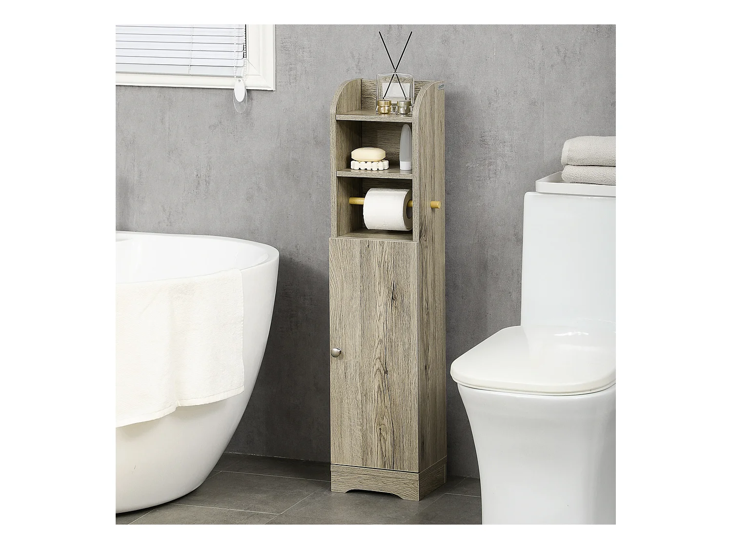 Meuble WC armoire toilette - porte, 2 étagères, niche, support papier - dim. 23L x 18l x 100H cm - gris