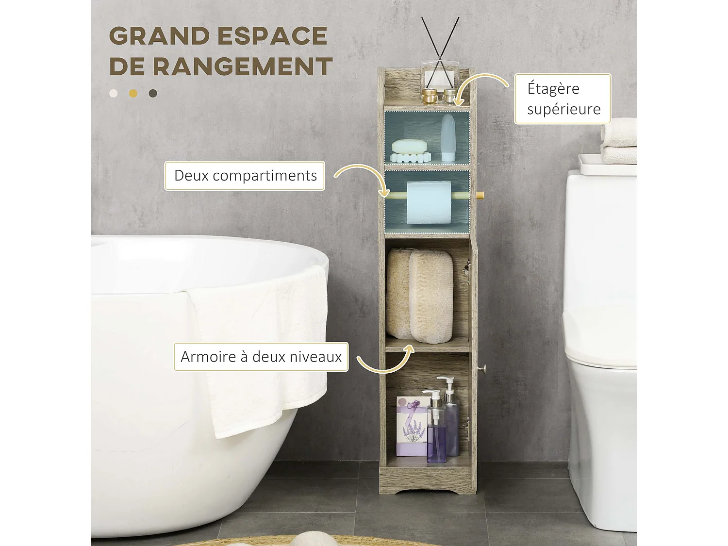 Meuble WC armoire toilette - porte, 2 étagères, niche, support papier - dim. 23L x 18l x 100H cm - gris
