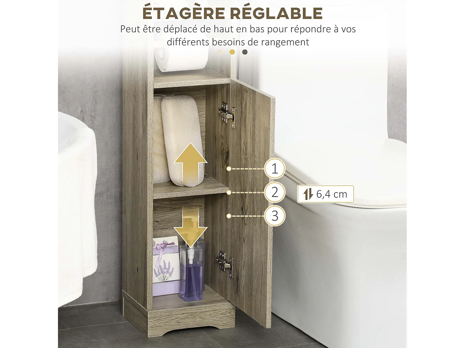 Meuble WC armoire toilette - porte, 2 étagères, niche, support papier - dim. 23L x 18l x 100H cm - gris