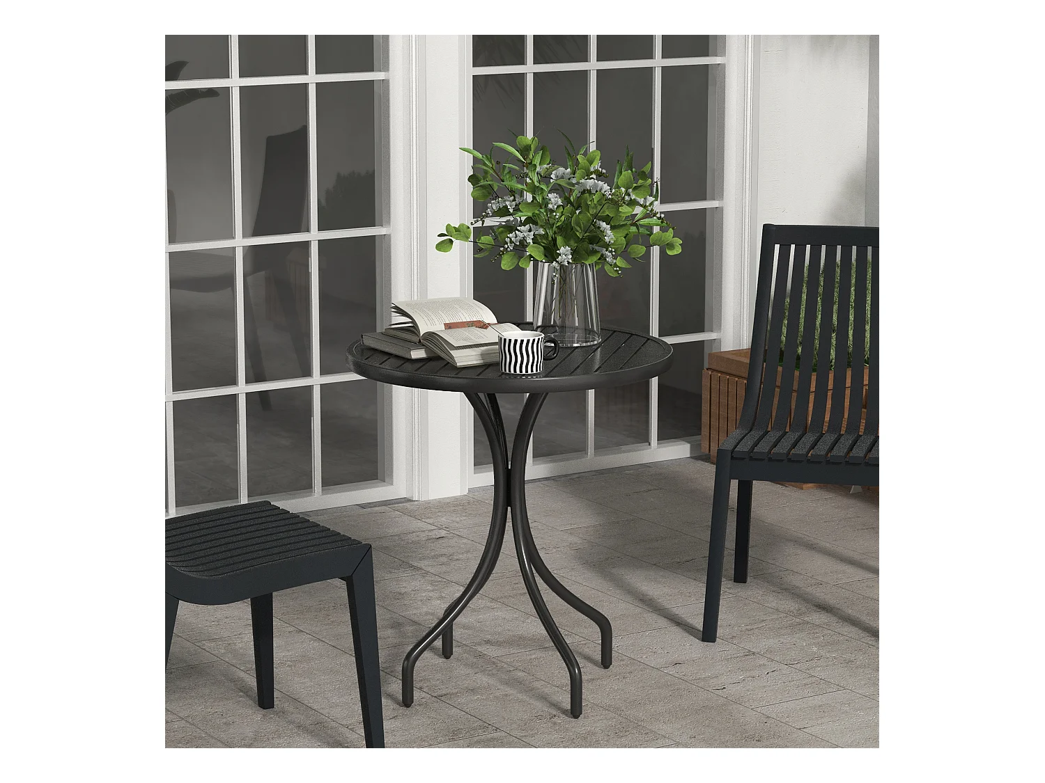 Table de jardin ronde Ø 66 cm acier plateau à lattes noir