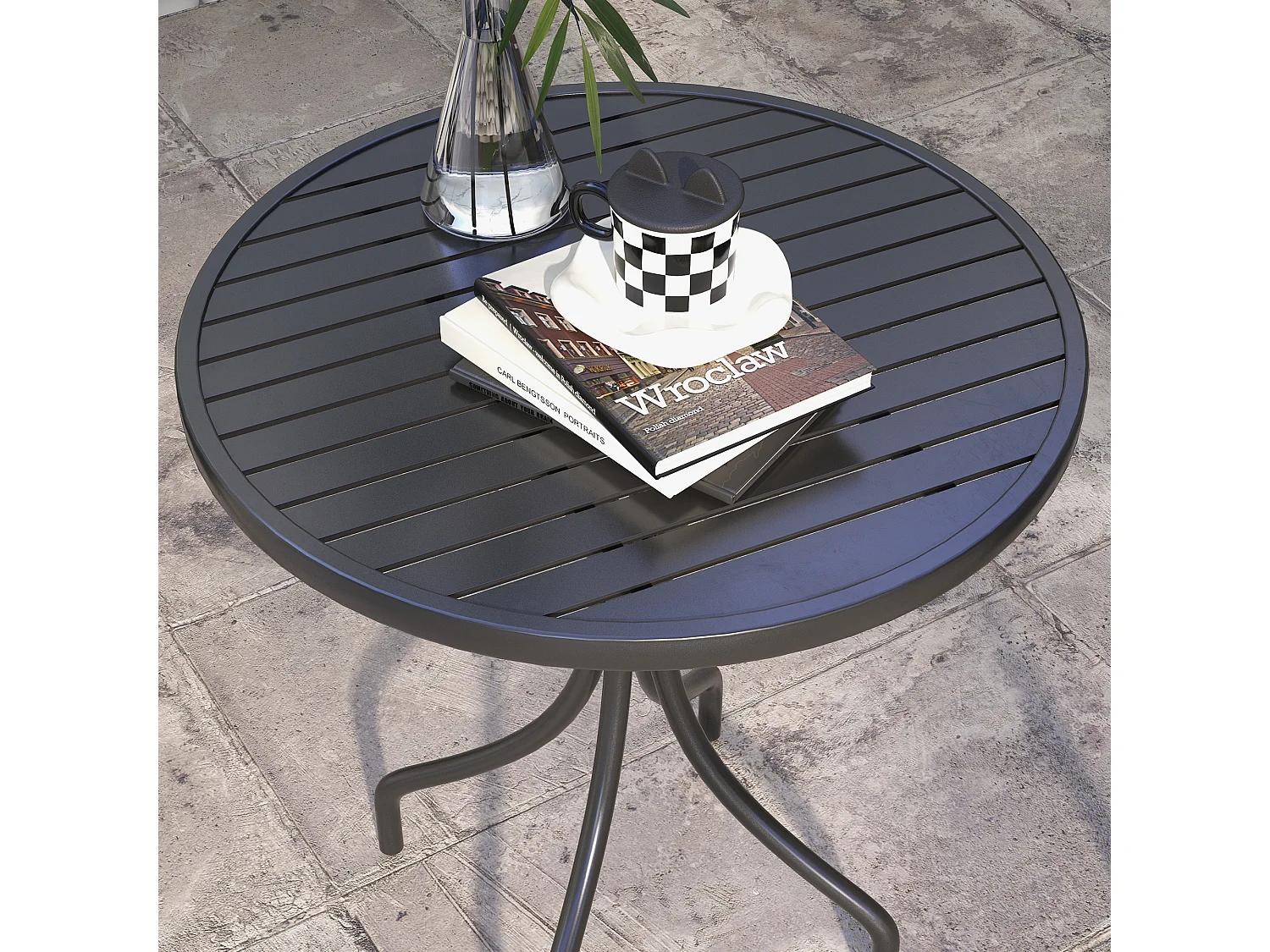 Table de jardin ronde Ø 66 cm acier plateau à lattes noir