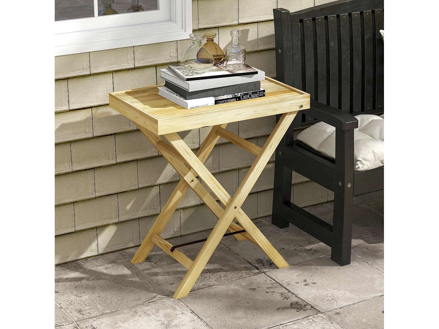 Table de jardin style naturel cosy - dim. 68L x 44l x 75H cm - bois sapin verni