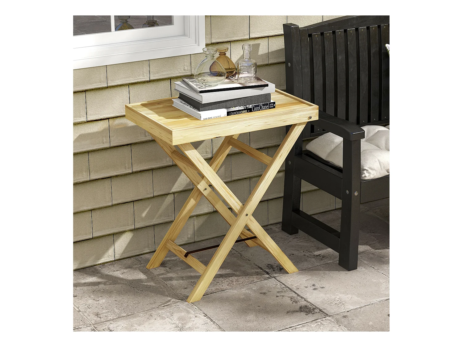 Table de jardin style naturel cosy - dim. 68L x 44l x 75H cm - bois sapin verni