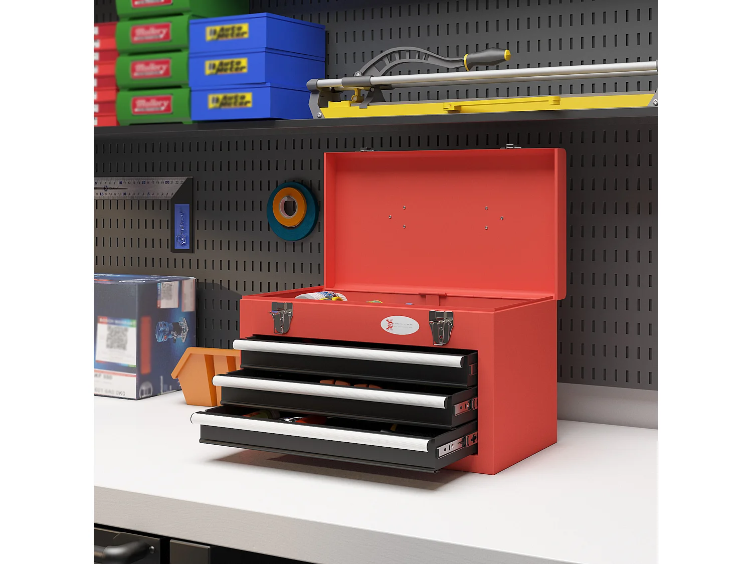 Boite à outils métallique caisse à outils 3 tiroirs + plateau tapis EVA poignée tôle acier rouge noir