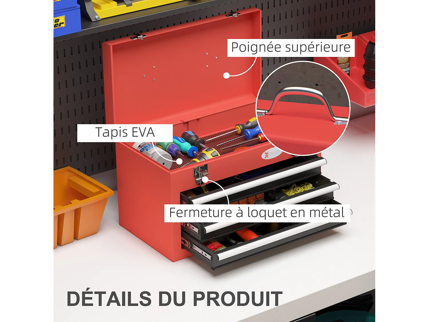 Boite à outils métallique caisse à outils 3 tiroirs + plateau tapis EVA poignée tôle acier rouge noir