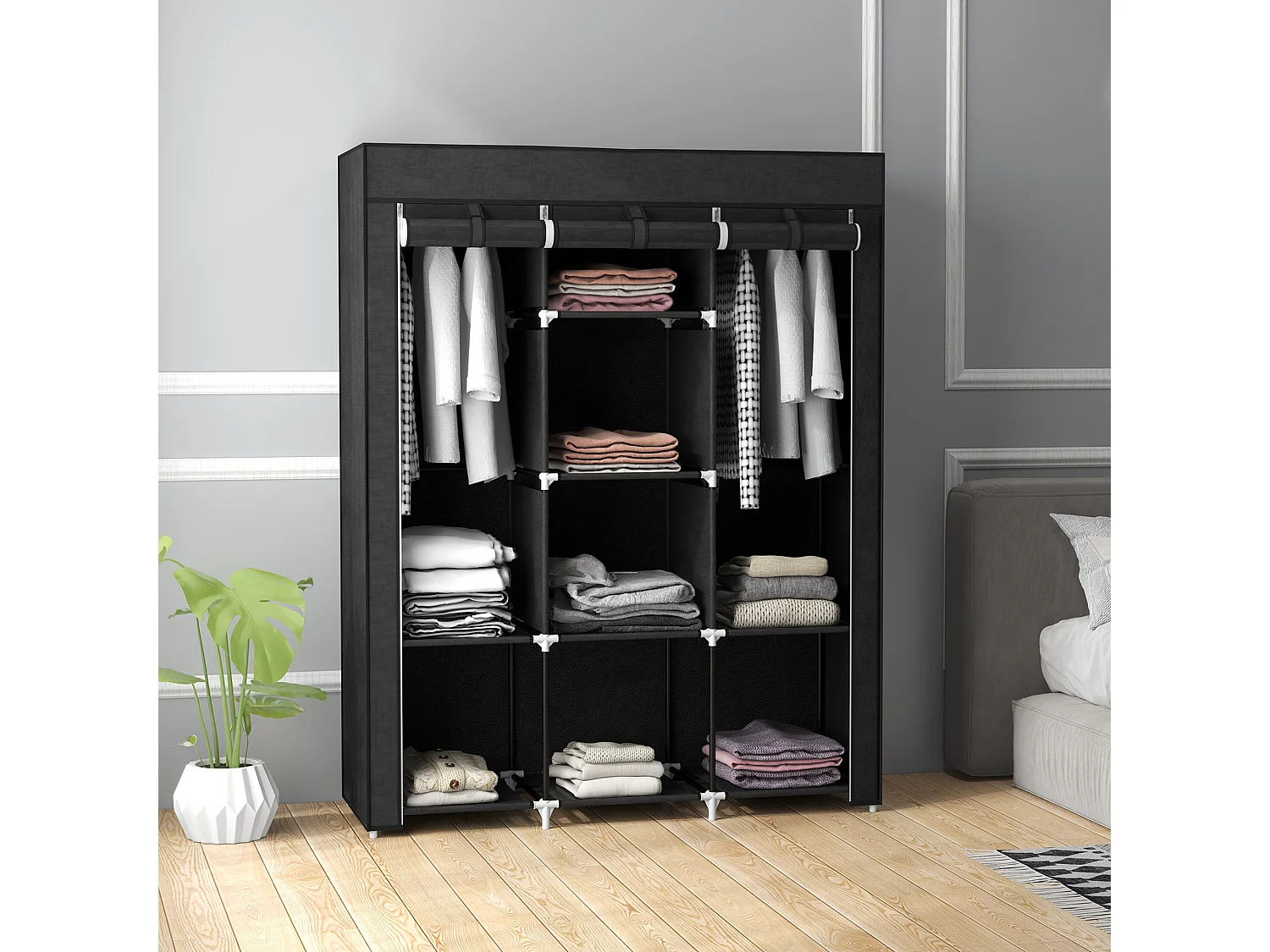 Armoire penderie multi-rangement - 8 étagères, 2 barres - dim. 125L x 43l x 162,5H cm - acier noir non tissé noir