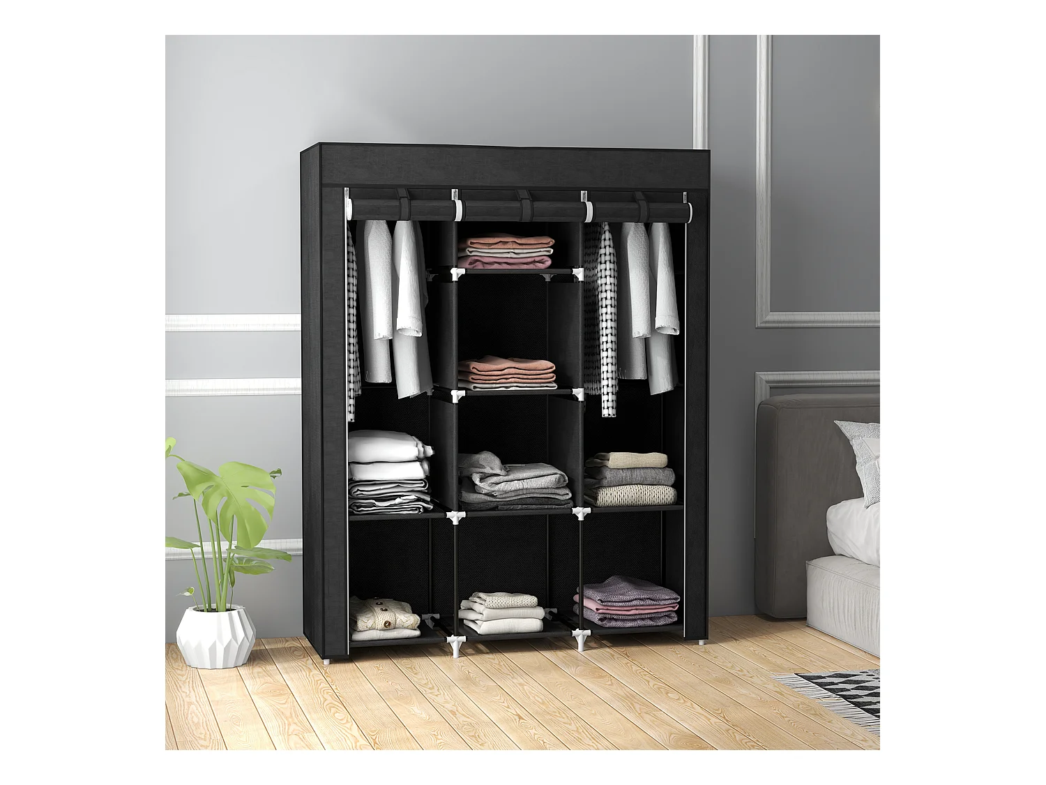 Armoire penderie multi-rangement - 8 étagères, 2 barres - dim. 125L x 43l x 162,5H cm - acier noir non tissé noir