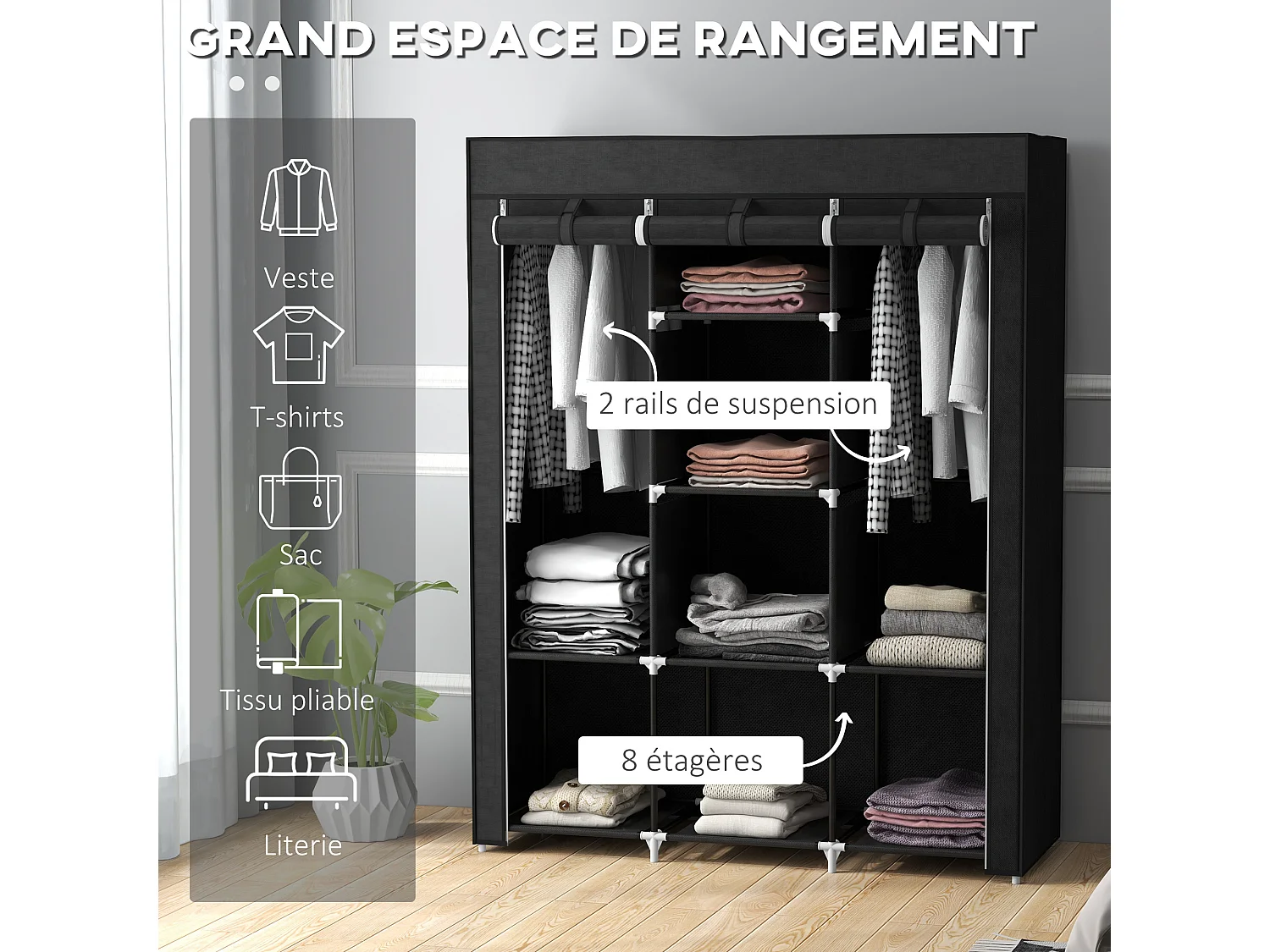 Armoire penderie multi-rangement - 8 étagères, 2 barres - dim. 125L x 43l x 162,5H cm - acier noir non tissé noir