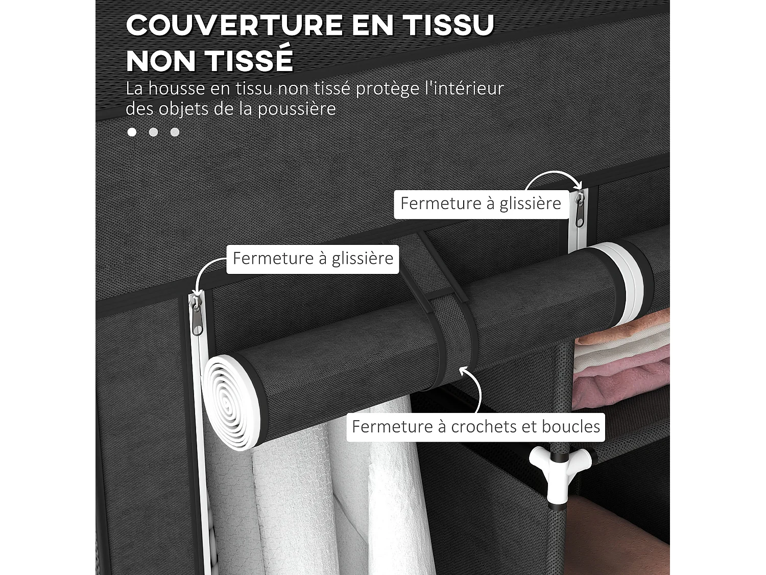 Armoire penderie multi-rangement - 8 étagères, 2 barres - dim. 125L x 43l x 162,5H cm - acier noir non tissé noir
