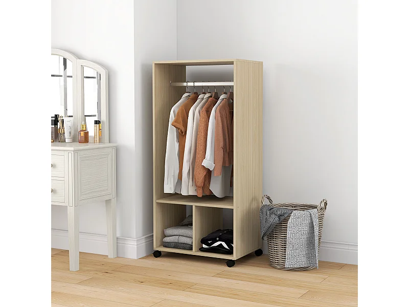 Armoire penderie étagère 2 niches penderie 4 roulettes pivotantes dim. 60L x 40l x 128H cm coloris chêne clair