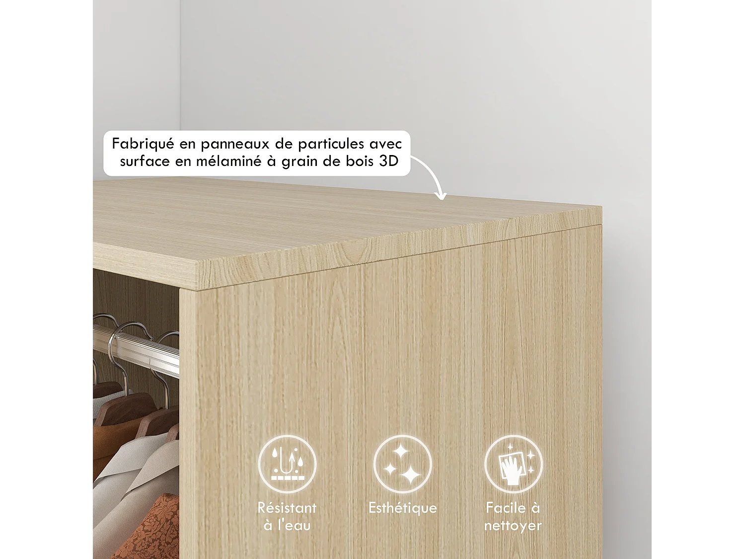 Armoire penderie étagère 2 niches penderie 4 roulettes pivotantes dim. 60L x 40l x 128H cm coloris chêne clair