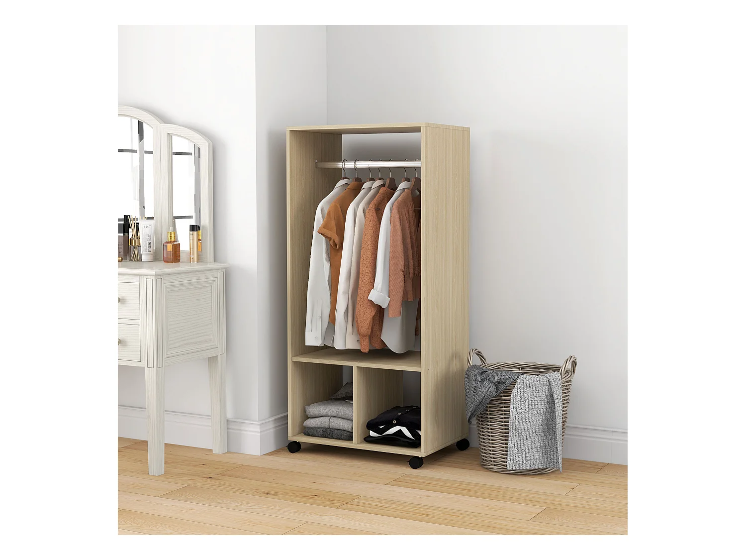 Armoire penderie étagère 2 niches penderie 4 roulettes pivotantes dim. 60L x 40l x 128H cm coloris chêne clair
