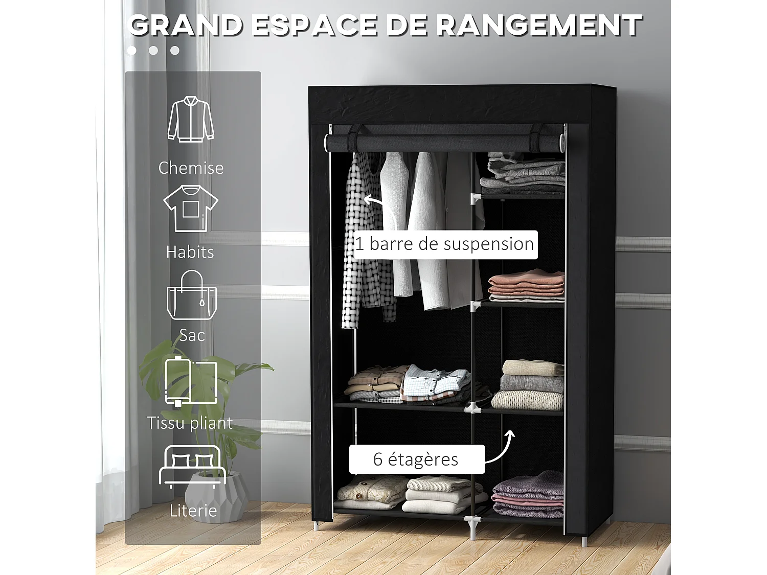 Armoire penderie multi-rangement - 6 étagères, 1 barre - dim. 103L x 43l x 162,5H cm - acier noir non tissé noir